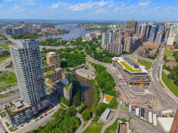 Aerial view of condominium buildings and downtown Ottawa near the Ottawa River